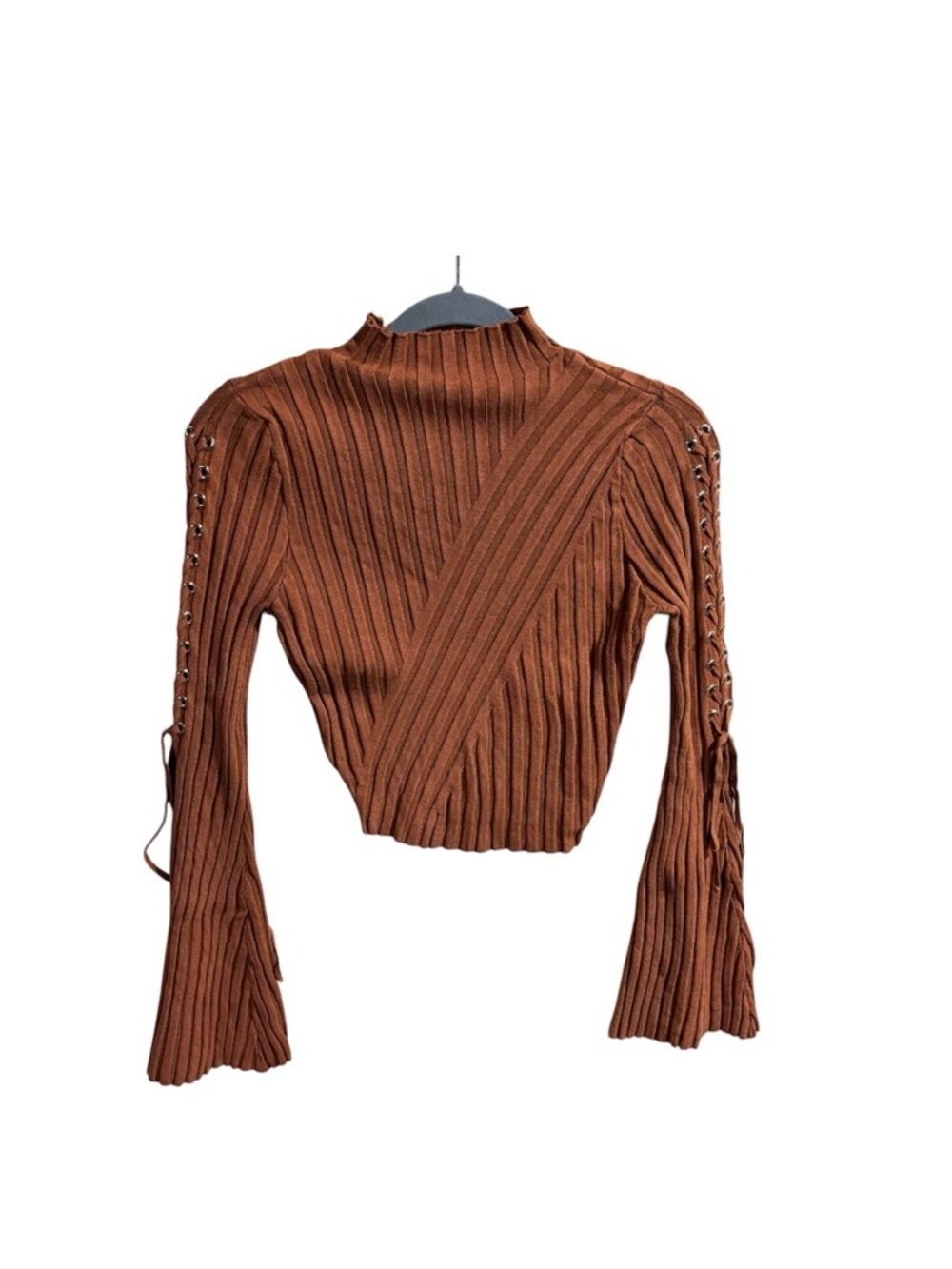 Fashion Nova Women XL Brown Ribbed Crop Top Lace Up Sleeve Mock Neck